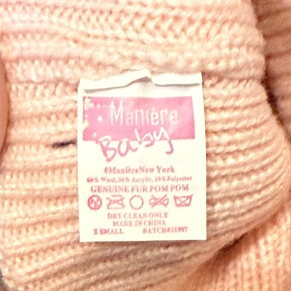 Kids Pink Knit Hat Fluffy natural Pom Pom 0-12 months baby newborn dry clean